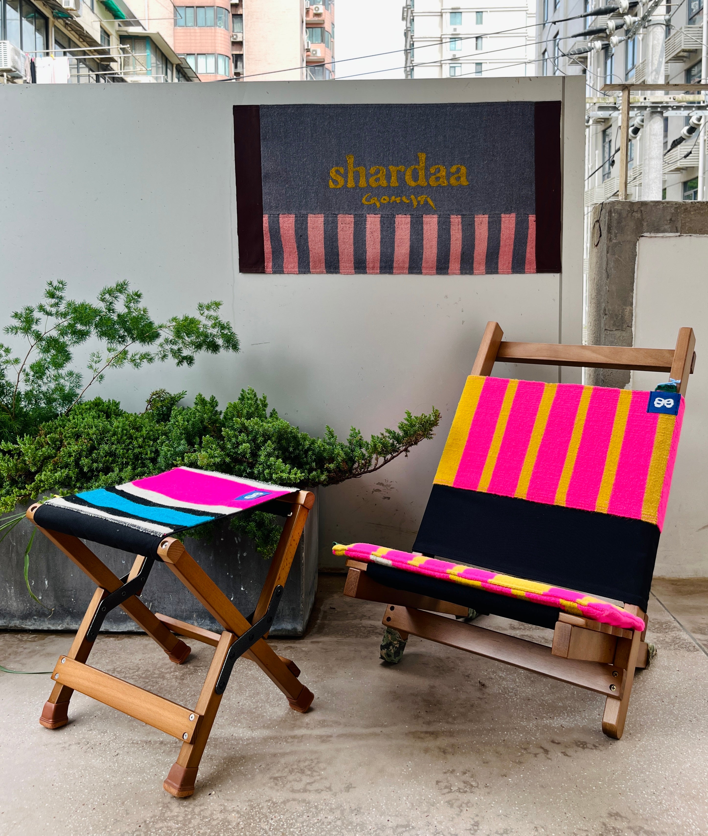 Wool-Knitted Wooden Folding Stool